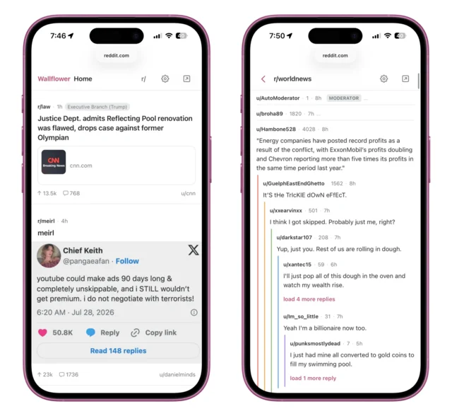 2 iPhone screenshots of Wallflower showing the home feed and a threaded comment section in r/worldnews.