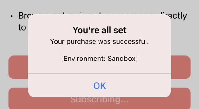 An alert reading “You’re all set. Your purchase was successful.”