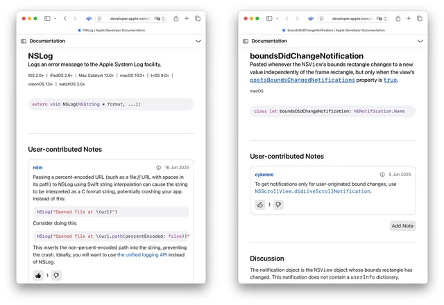 Two Apple documentation pages in Safari, each with a “User-contributed Notes” section added by Technotes below the reference text.