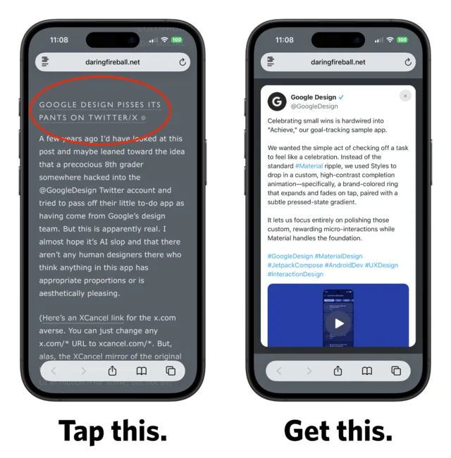 A before-and-after pair: a Daring Fireball link to x.com circled in red, and the same post opened in a Litterbox popup.