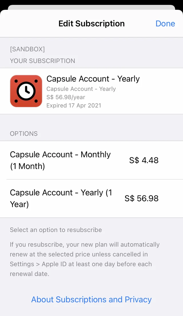 The sandbox Edit Subscription screen listing an expired Capsule Account - Yearly plan and monthly and yearly resubscribe options.