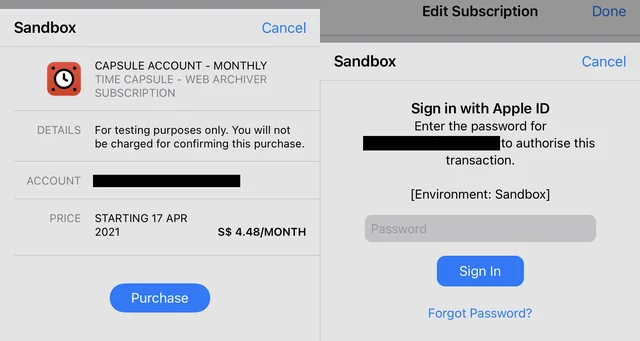 Two sandbox sheets side by side: a purchase confirmation with a Purchase button, and a “Sign in with Apple ID” password prompt, both with the account address blacked out.