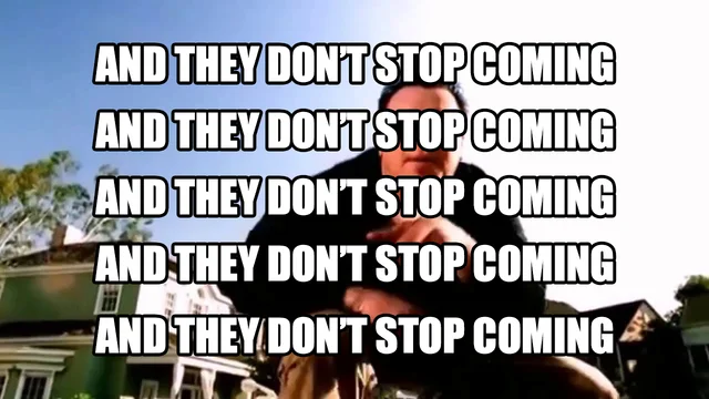 A frame from the “All Star” music video with the lyric “and they don’t stop coming” repeated five times.
