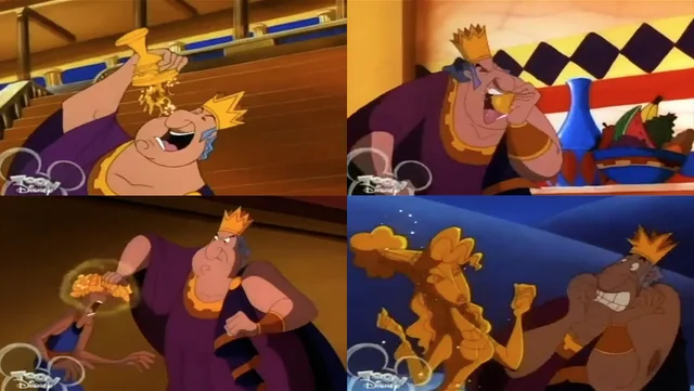 Four frames of King Midas from a cartoon, accidentally turning his drink, his food, and other people into gold.