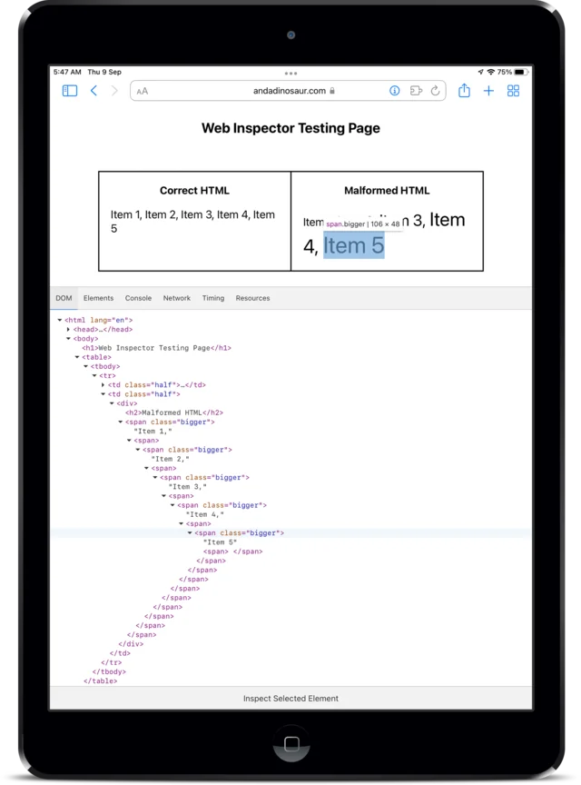 Web Inspector open on an iPad, showing the DOM tree of a test page with a highlighted span element.