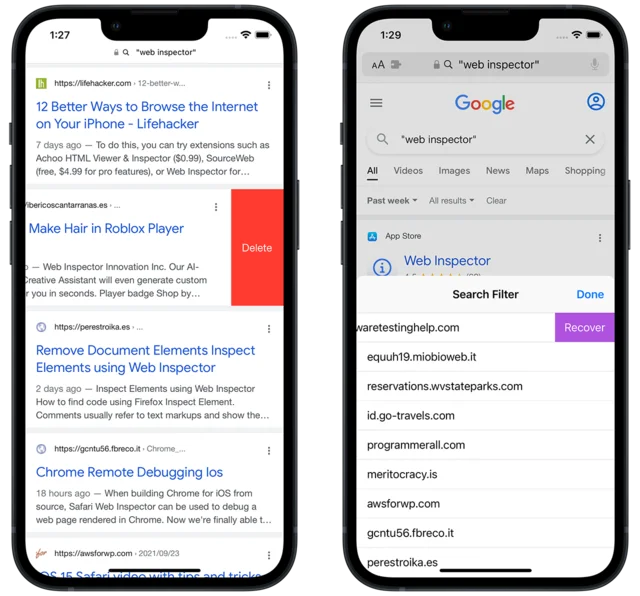 Two iPhone screenshots of Search Filter: swiping a Google result to reveal a red Delete button, and the list of deleted domains with a Recover button.