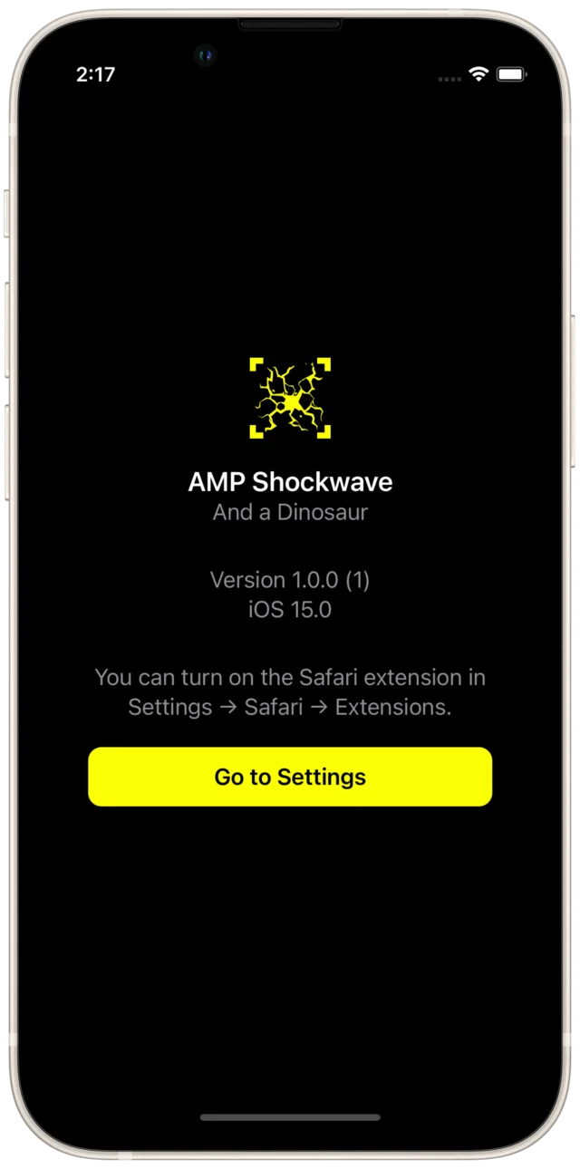 The AMP Shockwave app screen, showing the app icon, version number, and a yellow “Go to Settings” button.