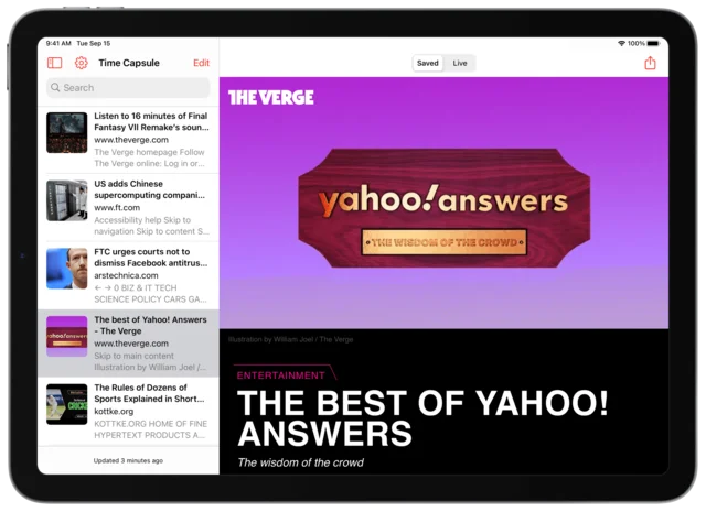 Time Capsule on an iPad, with a sidebar of saved pages next to a saved copy of a Verge article about Yahoo! Answers.
