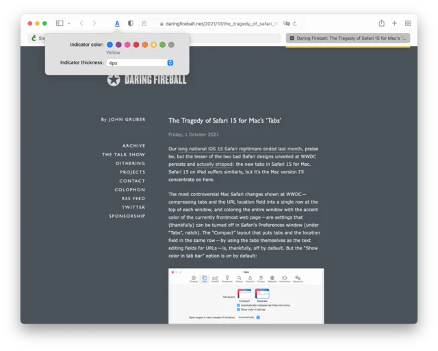 Safari on Mac with a yellow line under the active tab, and ActiveTab’s popover for picking the indicator colour and thickness.