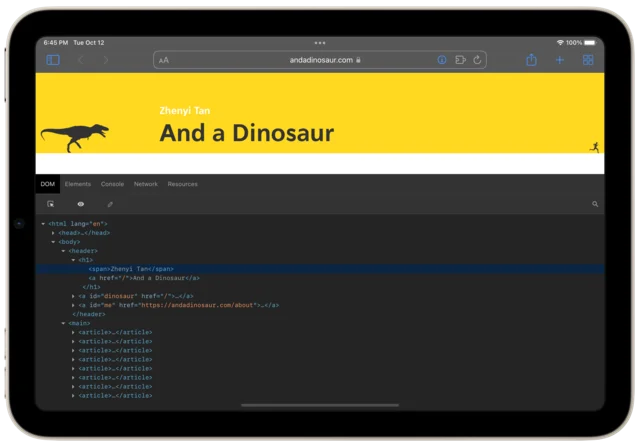 Web Inspector 1.2.1 on an iPad, with all the buttons moved to a single row at the top of the DOM tab.