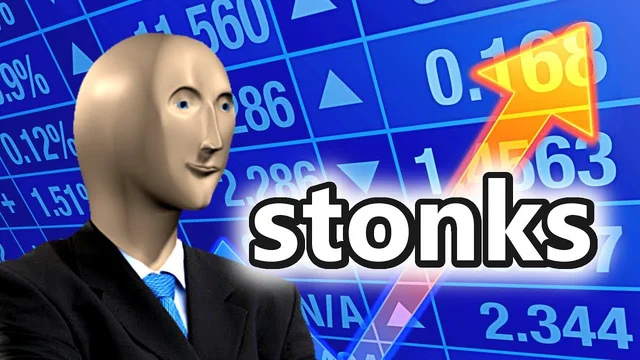 The “stonks” meme: a 3D mannequin in a suit standing in front of a stock chart with an arrow pointing up.