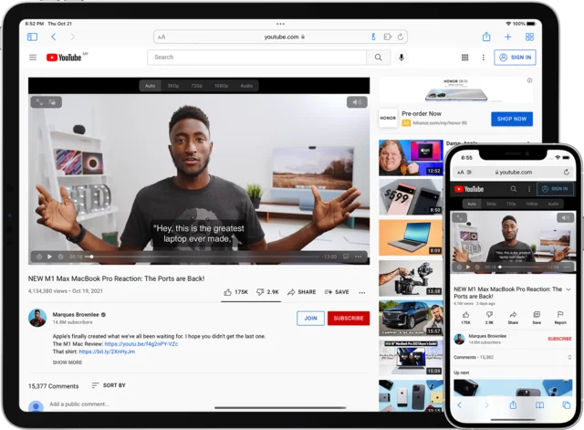 YouTube on an iPad and an iPhone, both playing a video in Vinegar’s plain video player with a quality picker above it.
