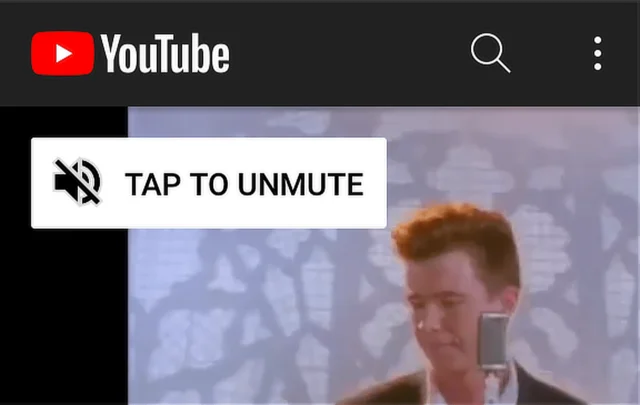 A YouTube video playing muted, with a large “Tap to unmute” button over it.